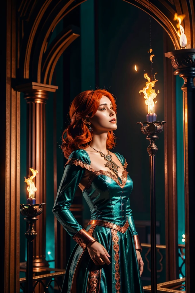 High quality, fantasy character art, character concept, character design art, bold lines, digital art style, artstation, A captivatingly sinister woman in her mid-20s, with luscious shoulder-length copper hair that shimmers in the dim light, she stands In the heart of a dense, shadowy forest surrounded by two massive. Holding up a torch that blazes brightly, she illuminates the eerie scene around her, ((The dogs and flaming torch must be seen)), the stunning sorceress is draped in a sumptuous gothic indigo dress, every detail exudes elegance amidst darkness: the fabric shimmers with hints of midnight blues and deep purples, intricate lace patterns adorning the bodice and sleeves. Three moons hover in the sky behind the woman, their silvery glow casting an magical light upon her The image, likely a digital painting, captures the essence of dark magic and danger with chilling precision. Every small detail is meticulously crafted, ((indigo, orange, black, green and grey are the only colours used except for her copper hair)), highly detailed , gothic aesthetic, the image has a gothic colour scheme, muted colours, (face must be seen), ((midshot figure framing))