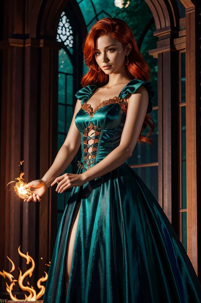High quality, fantasy character art, character concept, character design art, bold lines, digital art style, artstation, A captivatingly sinister woman in her mid-20s, with luscious shoulder-length copper hair that shimmers in the dim light, she stands In the heart of a dense, shadowy forest surrounded by two massive. Holding up a torch that blazes brightly, she illuminates the eerie scene around her, ((The dogs and flaming torch must be seen)), the stunning sorceress is draped in a sumptuous gothic indigo dress, every detail exudes elegance amidst darkness: the fabric shimmers with hints of midnight blues and deep purples, intricate lace patterns adorning the bodice and sleeves. Three moons hover in the sky behind the woman, their silvery glow casting an magical light upon her The image, likely a digital painting, captures the essence of dark magic and danger with chilling precision. Every small detail is meticulously crafted, ((indigo, orange, black, green and grey are the only colours used except for her copper hair)), highly detailed , gothic aesthetic, the image has a gothic colour scheme, muted colours, (face must be seen), ((midshot figure framing)), completly nude.