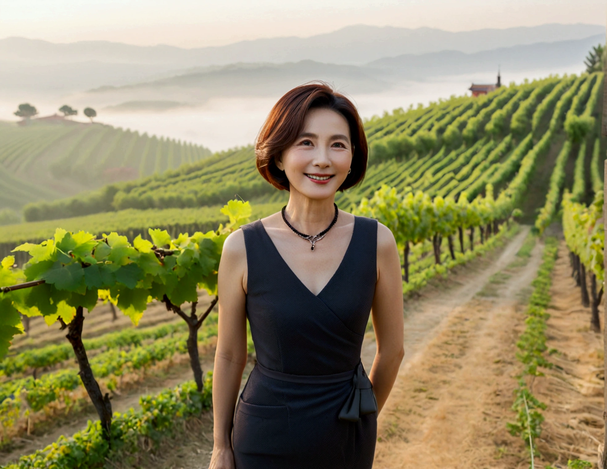 Italy foggy countryside dawn, Endless vineyards, A cathedral can be seen far away in the fog.. Korean woman in her 40s, Wearing a luxury brand sleeveless dress, Korean woman with beautiful short medium bob hair, Standing on a path on top of a vineyard hill, Beautiful Korean woman with bright and clear skin, The neckline is clean and beautiful.. Elegant and modest, Korean woman smiling,Looks like Ruri Rarak is alive., standing in the vineyard , small black string necklace, 1 woman