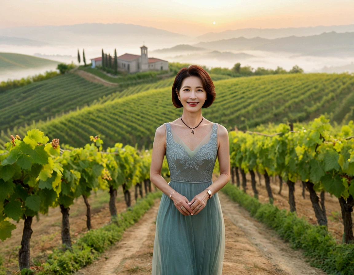 Italy foggy countryside dawn, Endless vineyards, A cathedral can be seen far away in the fog.. Korean woman in her 40s, Wearing a luxury brand sleeveless dress, Korean woman with beautiful short medium bob hair, Standing on a path on top of a vineyard hill, Beautiful Korean woman with bright and clear skin, The neckline is clean and beautiful.. Elegant and modest, Korean woman smiling,Looks like Ruri Rarak is alive., standing in the vineyard , small black string necklace, 1 woman