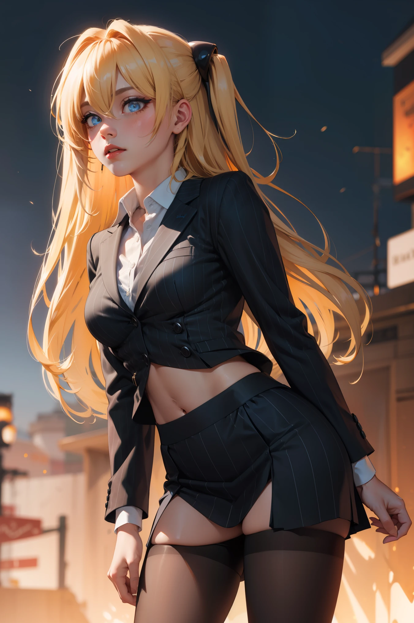 1girl,   golden_darkness, long hair, very long hair, two side up, hair ornament, medium breasts, hair intakes, hair between eyes, golden_darkness, long hair, very long hair, two side up, 
BREAK (pinstripe suit, black suit, collared shirt, pinstripe skirt, black pantyhose:1.2), BREAK Face forward and show your navel to this side、standing straight ahead.Front Angle、lowrise.Midriff、Expand the navel with your fingers、Navel,
BREAK (masterpiece:1.2), best quality, high resolution, unity 8k wallpaper, (illustration:0.8), (beautiful detailed eyes:1.6), extremely detailed face, perfect lighting, extremely detailed CG, (perfect hands, perfect anatomy),