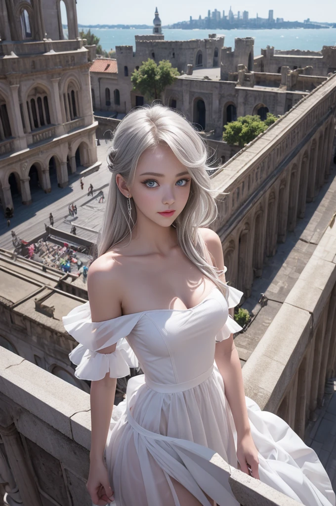 (Girl standing on balcony of old castle)、Iris heterochromatic pupil,silver-haired girl,free high resolution,Off-the-shoulder semi-transparent pure white dress
