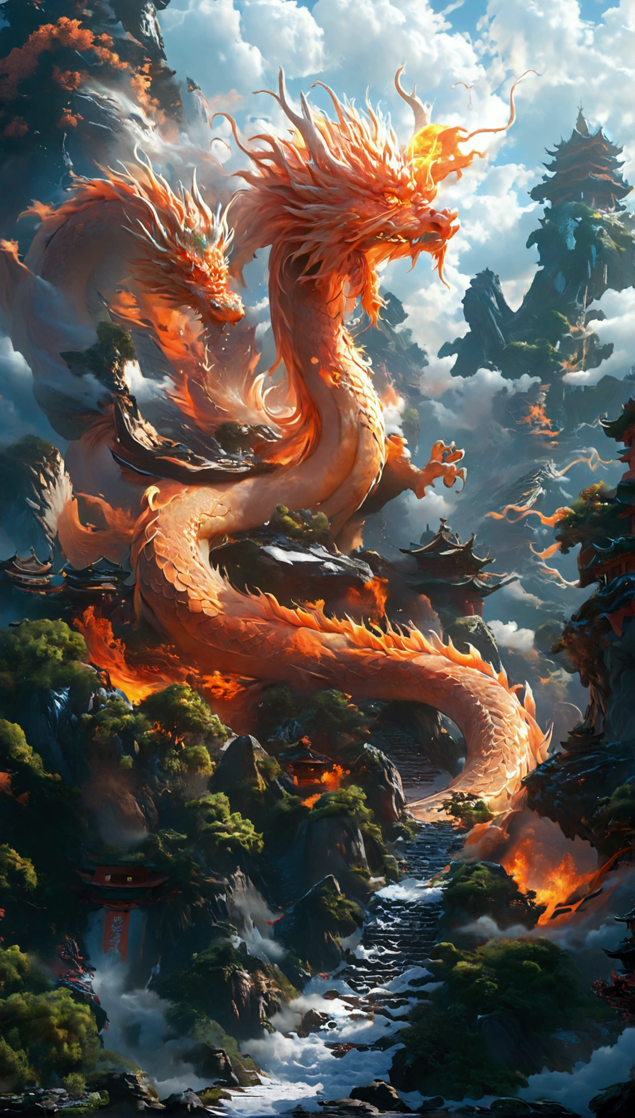 Create a digital artwork that captures a majestic Chinese dragon soaring above a temple situated on a mountain. The temple features intricate architecture, with ornate roofs and detailed carvings, surrounded by lush trees and rugged rocks. A winding staircase leads up to the temple, and a solitary man is seen walking up the stairs, his form small in comparison to the grandeur of the scene.

The dragon, colossal in size, emerges from the clouds, its massive serpentine body partially obscured by mist. The dragon’s face is in sharp focus, displaying intricate scales, antler-like horns, and piercing eyes that gaze down at the man below. The texture of its skin should be hyper-detailed, capturing the realism of each scale and the subtle nuances of its expression.

The clouds around the dragon are thick and billowing, adding to the mystique of its presence. The overall scene should be rendered in super-realistic, hyper-detailed 4k and 8k resolution, emphasizing the fine details of the dragon’s face, the temple, and the natural surroundings. The atmosphere should evoke a sense of awe and wonder, highlighting the ancient and mystical essence of the dragon as a guardian of the mountain temple.undefined, undefined, undefined, undefined, undefined, undefined, undefined, undefined, undefined, undefined, undefined, undefined, undefined, undefined, 