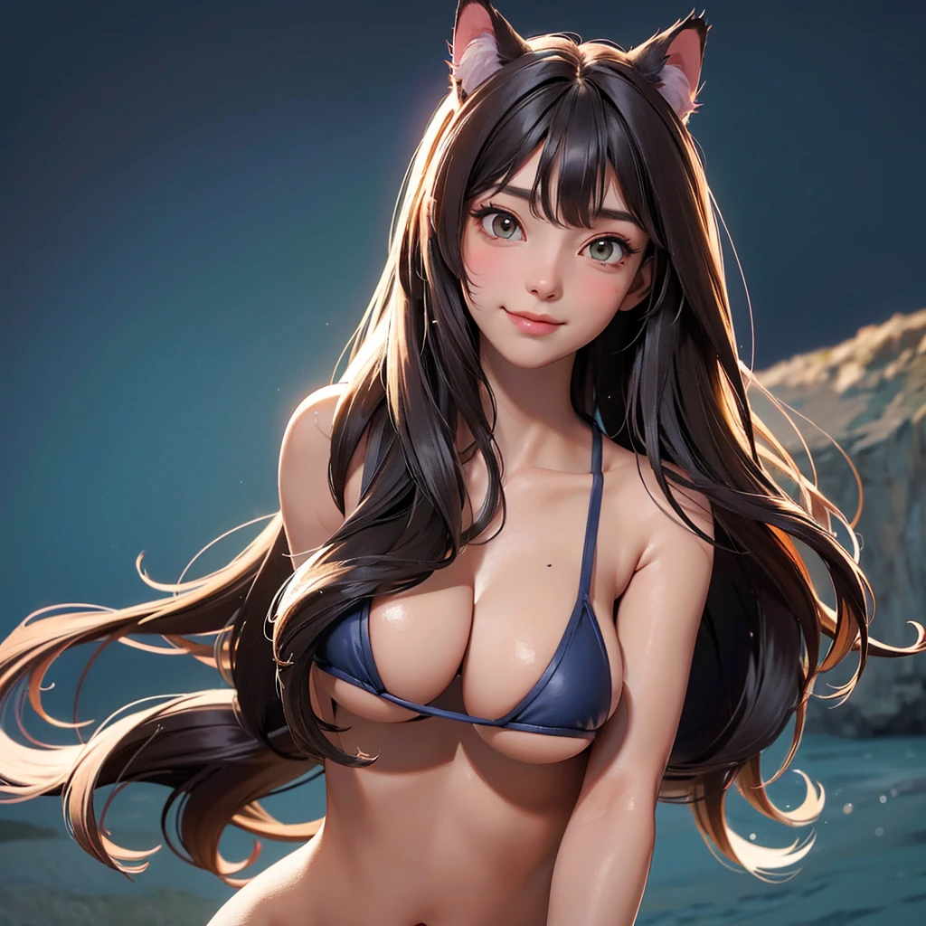 (high resolution, upper body, soft skin:1.2),(best illustration,masterpiece:1.2),ultra-detailed,[(cat ears , gray inside:1.2, brown cat eyes, rainbow long hair, large breast),vivid colors,sharp focus,portrait, beach lighting,bokeh, wearing a tan bikini, waterfall background, smiling