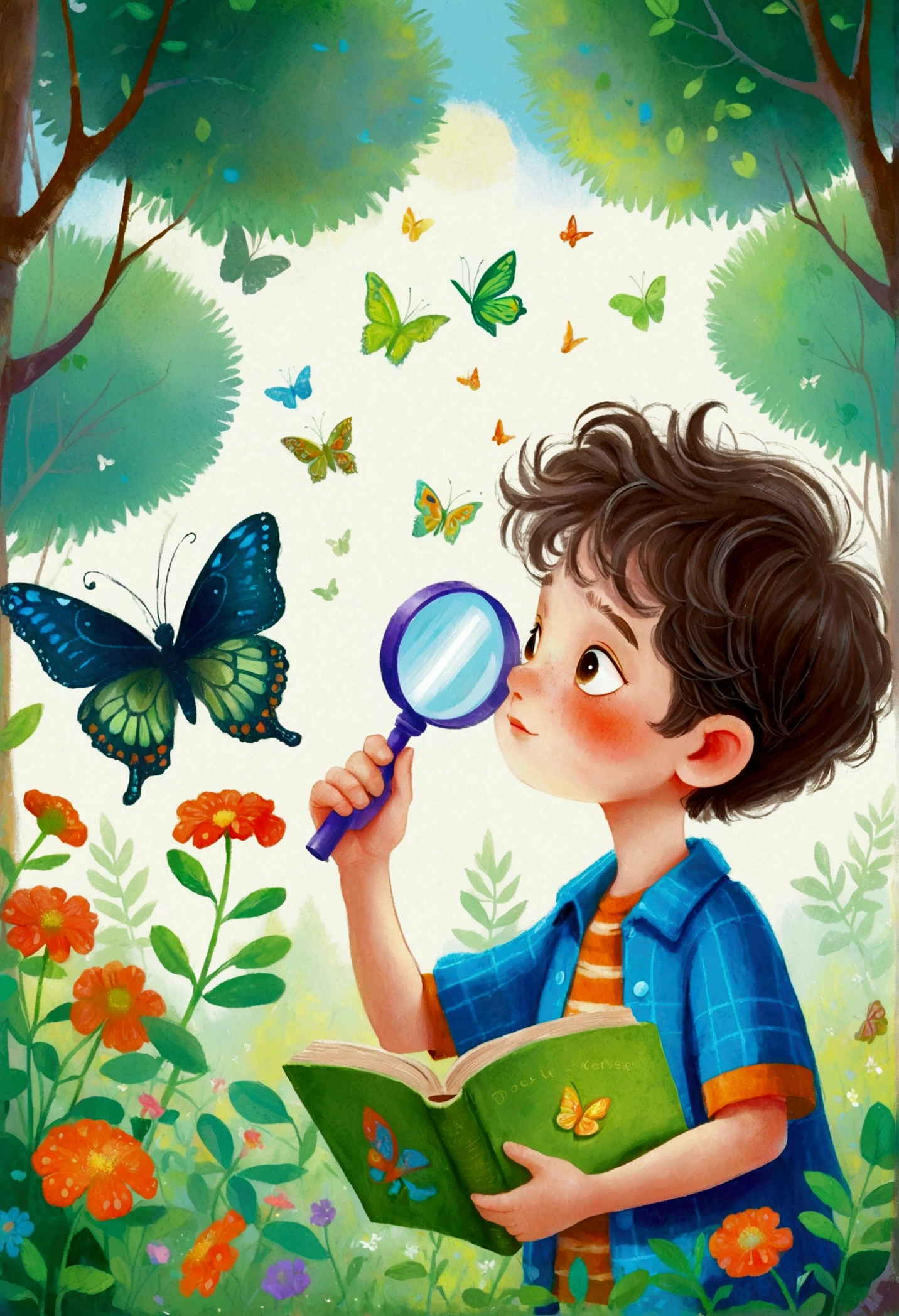 Pastel Art Illustration：Portrait of a little boy in the forest，Observing butterfly through a magnifying glass。 梅青 的Storybook illustration, devianart contest winners, Concept Art, Children&#39;s Book Illustrations, Children&#39;s Book Illustrations, Children&#39;s Book Illustrations, Children&#39;s Book Illustrations, colorful Children&#39;s Book Illustrations, Children&#39;s Book Illustrations, Children&#39;s illustrations, Children&#39;s Book Illustrations, Storybook illustration, Children&#39;s illustrations