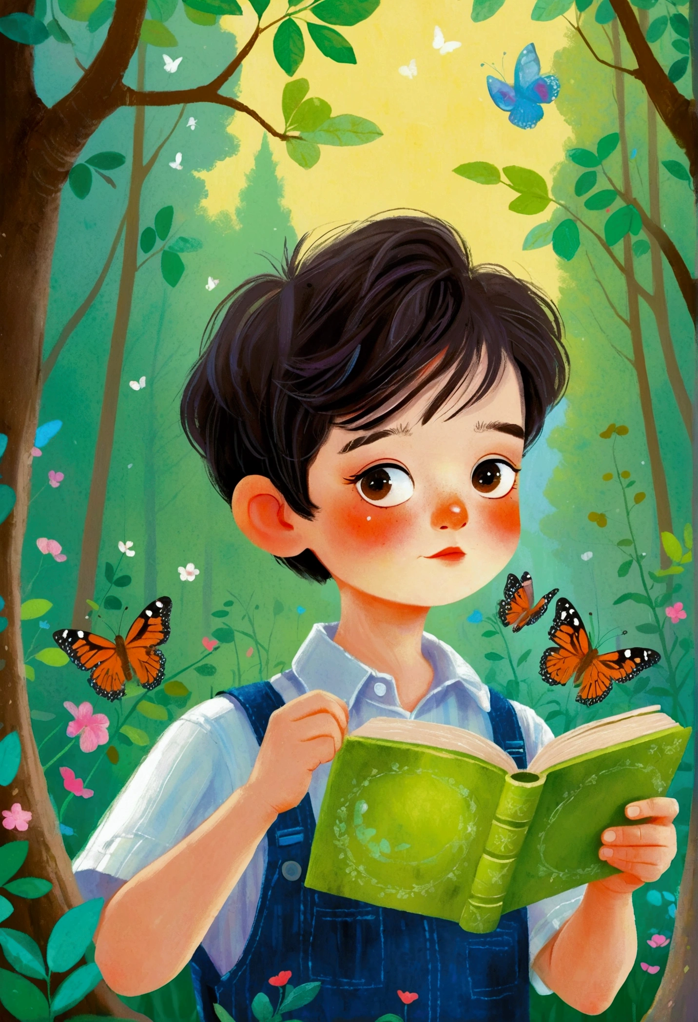 illustration：A boy in the forest observing plants through a magnifying glass。 梅青 的故事书illustration, devianart contest winners, Concept Art, 儿童书籍illustration, 儿童书籍illustration, 儿童书籍illustration, 儿童书籍illustration, colorful 儿童书籍illustration, 儿童书籍illustration, Children&#39;s illustrations, 儿童书籍illustration, 故事书illustration, Children&#39;s illustrations