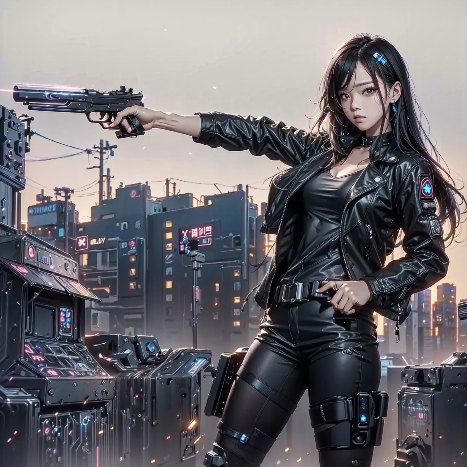 (Hold the gun., raw photos, best quality, skill:1.2), (realistically, realistic:1.37),(kpop idols), (Aegyo Sal:1),cute,professional lighting, Photon mapping, Radio City, Physical rendering , cosplay, lucy \(cyberpunk\), , mechanical parts, gray eyes, tight black suit, เมืองcyberpunk, black shorts, , neon light, sexy, smoke, looking up at the viewer,, High resolution in 8ก, 8ก, CG wallpaper, realistically, clear background, Medium bust, body,
