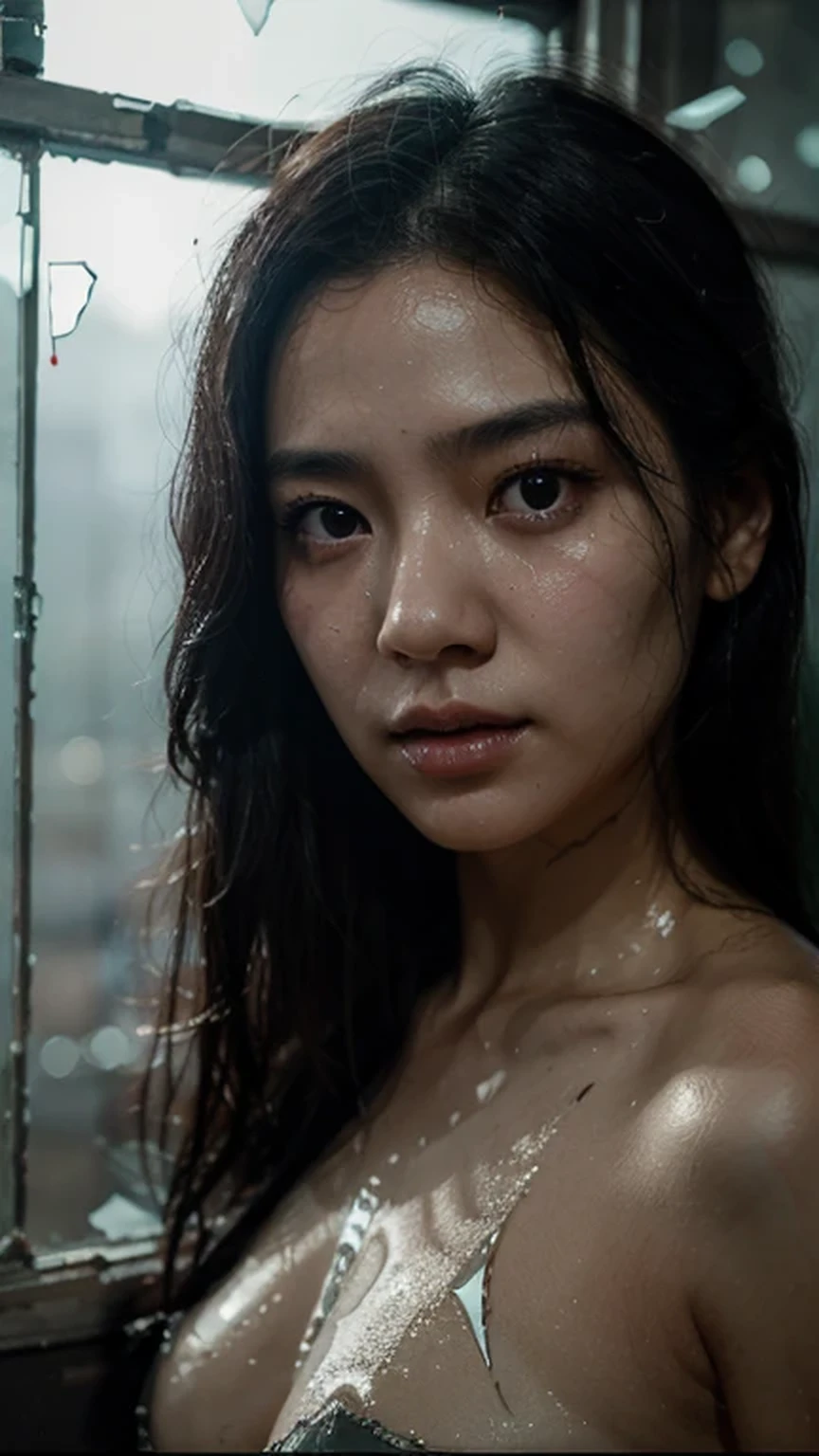 A photo that captures a dramatic and haunting scene of a korean woman's bare face, a hint of sweat visible on her skin, natural lips color, with blue eyes color, unkempt black hair visible through shattered glass, the glass grating into irregular shapes, with the light reflecting off the jagged edges, the woman's expression it's charming and intense, with her eyes staring into the distance, the background dark and slightly blurred, emphasizing the shattered glass and the woman's features.
Fog and water drops visible in the glass, mysterious atmosphere, chiarosuro, octane rendering