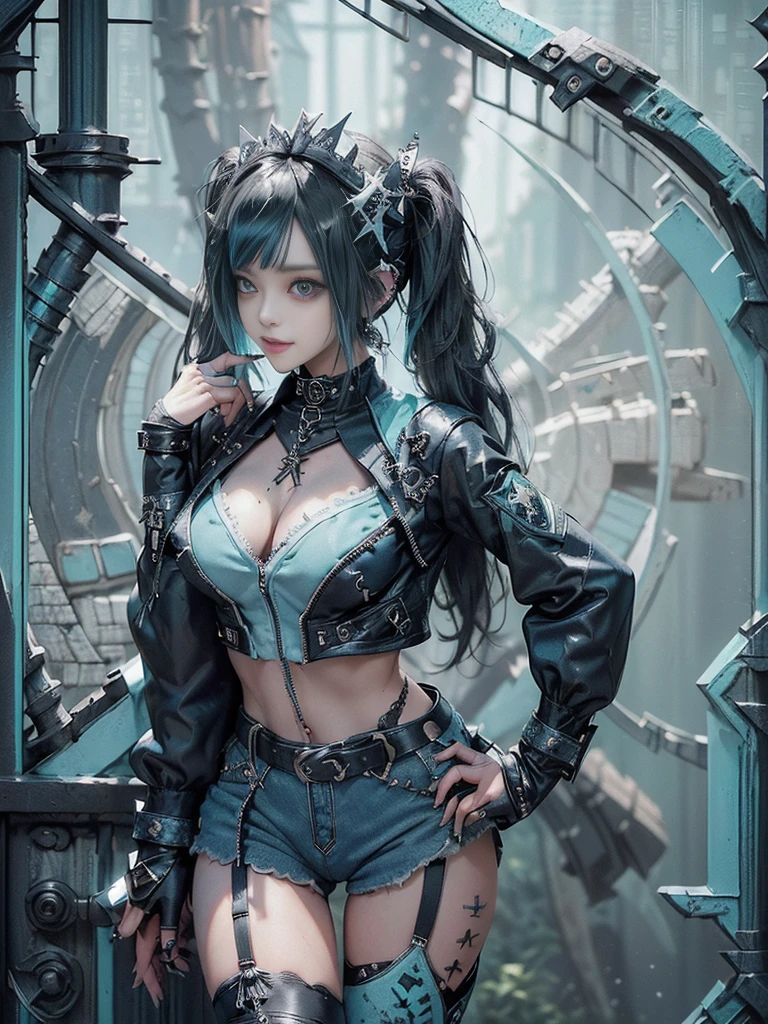 (Full Body View:1.3)、(Side view:1.1)、(Smiling with teeth showing:1.3),(Shibuya Gal:1.5)、(Maid café clerk:1.5)、(Punk RockVisual Kei:1.4)、(Turquoise, navy and denim medieval noble zip up:1.5)、(Navy and white arm covers and bugle pants:1.5)、(Blue high heels:1.3)、(Wearing silver accessories:1.5)、(Dark brown collar:1.4)、(Leather garter belt:1.4)、(Brown Skin Belt:1.3)、(Black lace underwear:1.5)、20-year-old、NSFW、((Highest quality、In 8K、masterpiece:1.3))、Sharp focus:1.2、(Layered Cut、Huge boobs:1.1),Beautiful woman with perfect figure:1.4、(Doing an aerobics pose:1.3)、Slender Abs:1.2、Highly detailed face and skin texture、Detailed eyes、double eyelid,(Twin tails:1.3)、(Black Hair:1.3)、Gravure idol、(A fairytale-like cafe with a lush tree background:1.3)、(Slim Body:1.3),(Make your legs thinner:1.4),(Thin, thin thighs:1.3)、(clavicle:1.1)