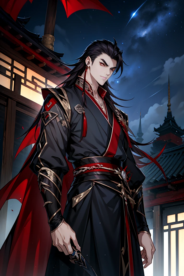vampire man, Hanfu, long sword, cabelos preto e longos, red eyes，the night，starrysky，rays of moonlight，Asian architecture，Best quality at best，16k,tmasterpiece，
