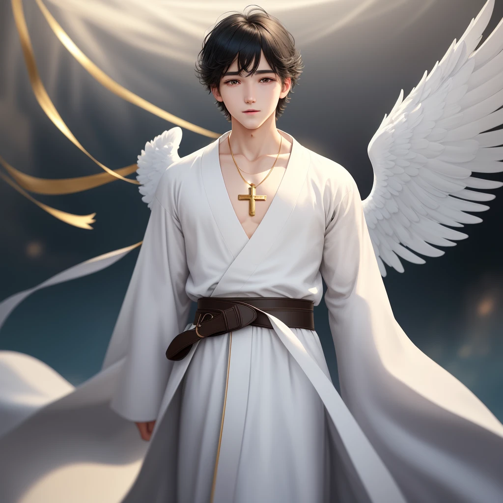 A 4 year old boy, Incredibly charming wearing a floor-length robe, only man, pure white angel, only man, two beautiful blue wings, angelic look, happy eyes, hair with black bangs, simple brown belt at his waist, gold cross necklace. The illustration is in high definition with 4k resolution., 2d, with highly detailed facial features and cartoon style visuals. simple drawing, perfectly centered. standing in front.