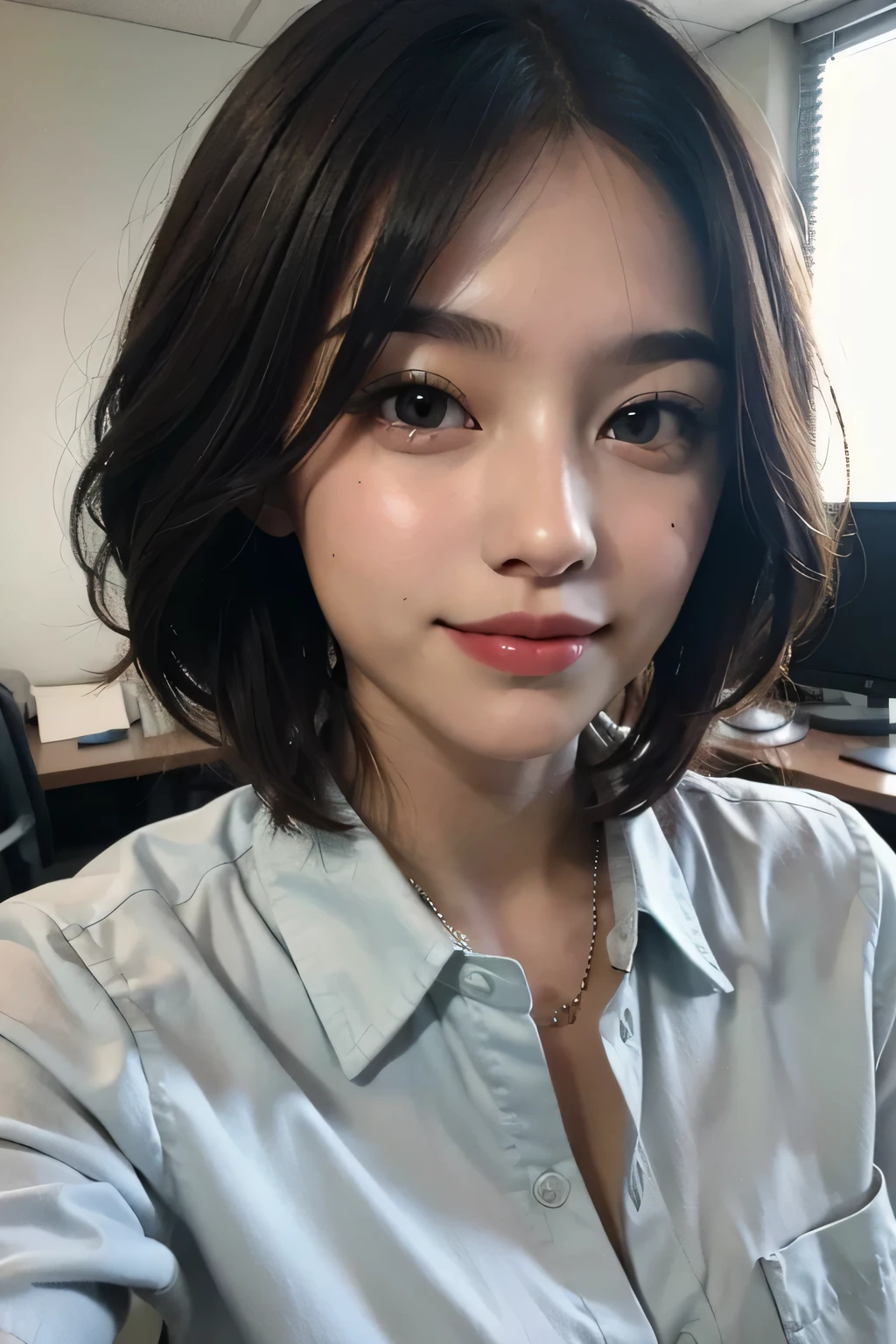 ((best quality)), ((masterpiece)), (detailed), 1girl, 1girl, one girl, brown hair, ombre hair, short hair, smile, pretty, pastel, office shirt, close up, dark eyes, 30es, office woman, neat, gracefull, black clothes