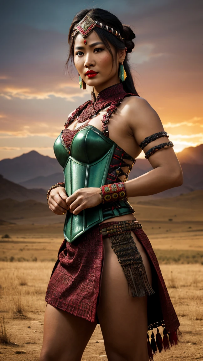 ((Realistic, cinematic, epic, Masterpiece: 1.3)), (raw photo:1.2), Hyperrealist portrait gorgeous Beautiful Chinese tribal female warriors, 30 years old, beautiful serious face, wrinkled face, beautiful detailed charming eyes, (pretty breasts: 1.1), ((sexy dark green native warrior chainmail corset armor: 1.2), (native hmong traditional brocade fabric armor), (sexy dark green brocade warrior dress)), tribal loin cloth, tribal jewelry, tribal warrior headband, tribal village background, legendary warrior style, hand holding a dagger, full body, professional photography, font view, very detailed faces, (merlot red lips, tribal makeup: 1.2), Best quality, 8K, ancient style