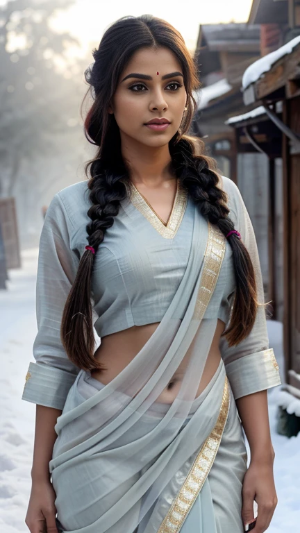 There is a indian light woman wearing sari in a village, full body portrait, foggy, cinematic, winter, detailed face, detailed body, perfect anatomy, nose piercing, symmetric face, detailed background, big eyes, traditional, gorgeous, cute, long braid hair, innocent face, photorealistic, ultra quality, volumetric lighting, god rays, ambient occusion, shadow, masterpiece, 8k