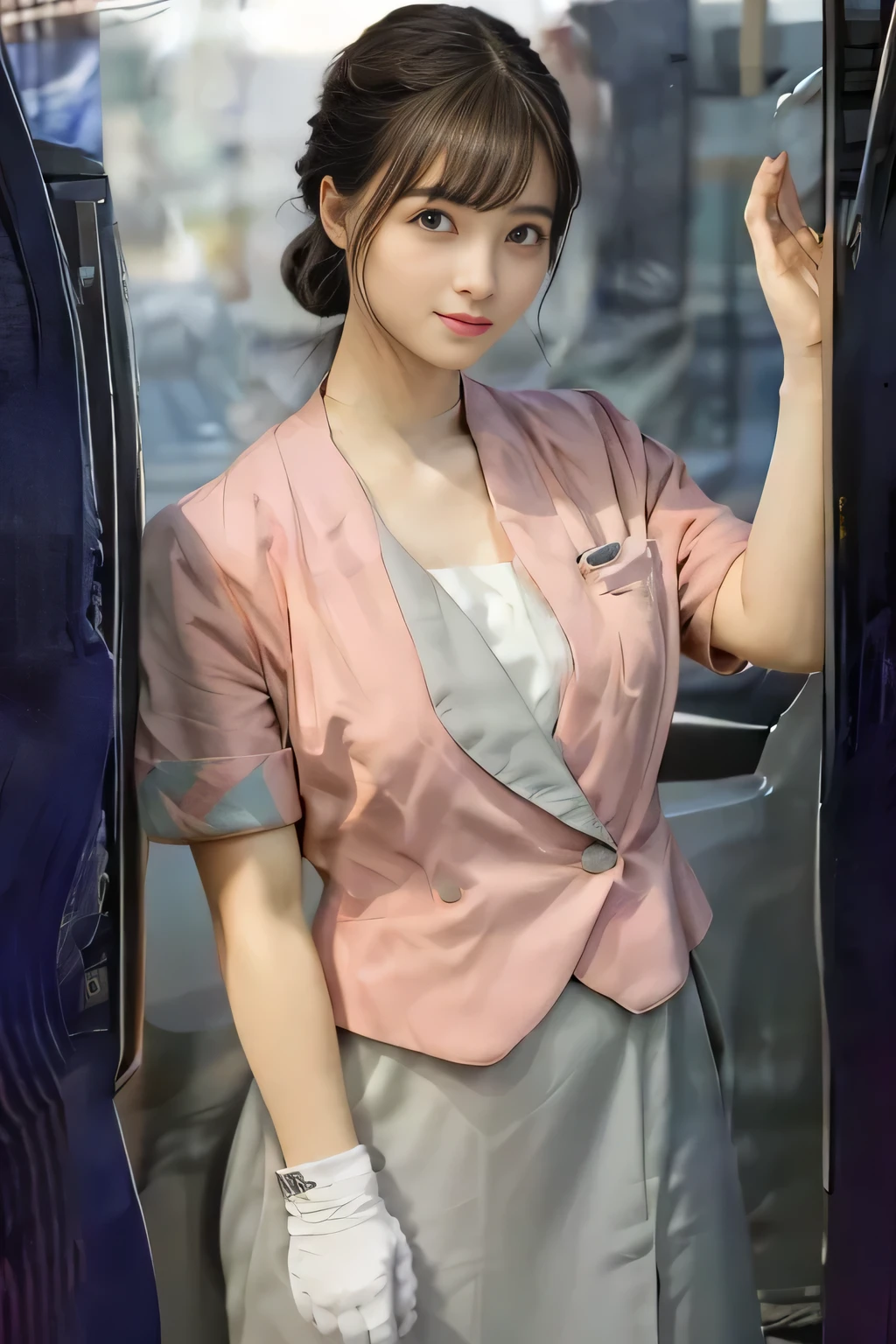 (masterpiece:1.2, Highest quality:1.2), 32k HDR, High resolution, (alone、1 girl)、（On the roof of a building in the daytime、Professional Lighting）、Building rooftop background、（Nankai train crew uniform pinkを着たリアルスタイル）、（Nankai Railway crew uniform, pink, short sleeve, collarless, pink jacket、No-collar short-sleeve blouse、Grey knee-length culottes）、（（The bottom of the pink short-sleeved jacket cannot be tucked into the clay-colored culottes..））、Dark brown hair、（Hair tied up、Bun Hair）、Dark brown hair、Long Shot、Big Breasts、Thin legs、（（Great hands：2.0）），（（Harmonious body proportions：1.5）），（（Normal limbs：2.0）），（（Normal finger：2.0）），（（Delicate eyes：2.0）），（（Normal eyes：2.0））)、smile、（A beautiful figure showing off the Nankai Railway crew uniform）、Bring your hands down