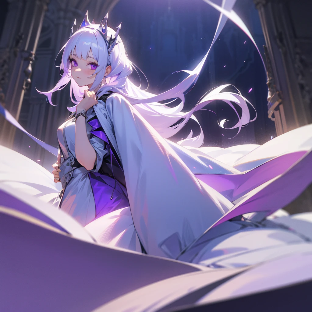 1girl,long white hair, purple eyes,wearing gown dress, princess, Castle ,denim short,absurdres,high res,ultra sharp,8k,masterpiece,looking at viewer