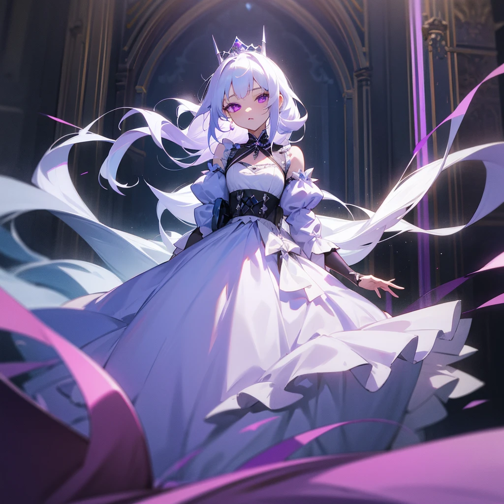 1girl,long white hair, purple eyes,wearing gown dress, princess, Castle ,denim short,absurdres,high res,ultra sharp,8k,masterpiece,looking at viewer
