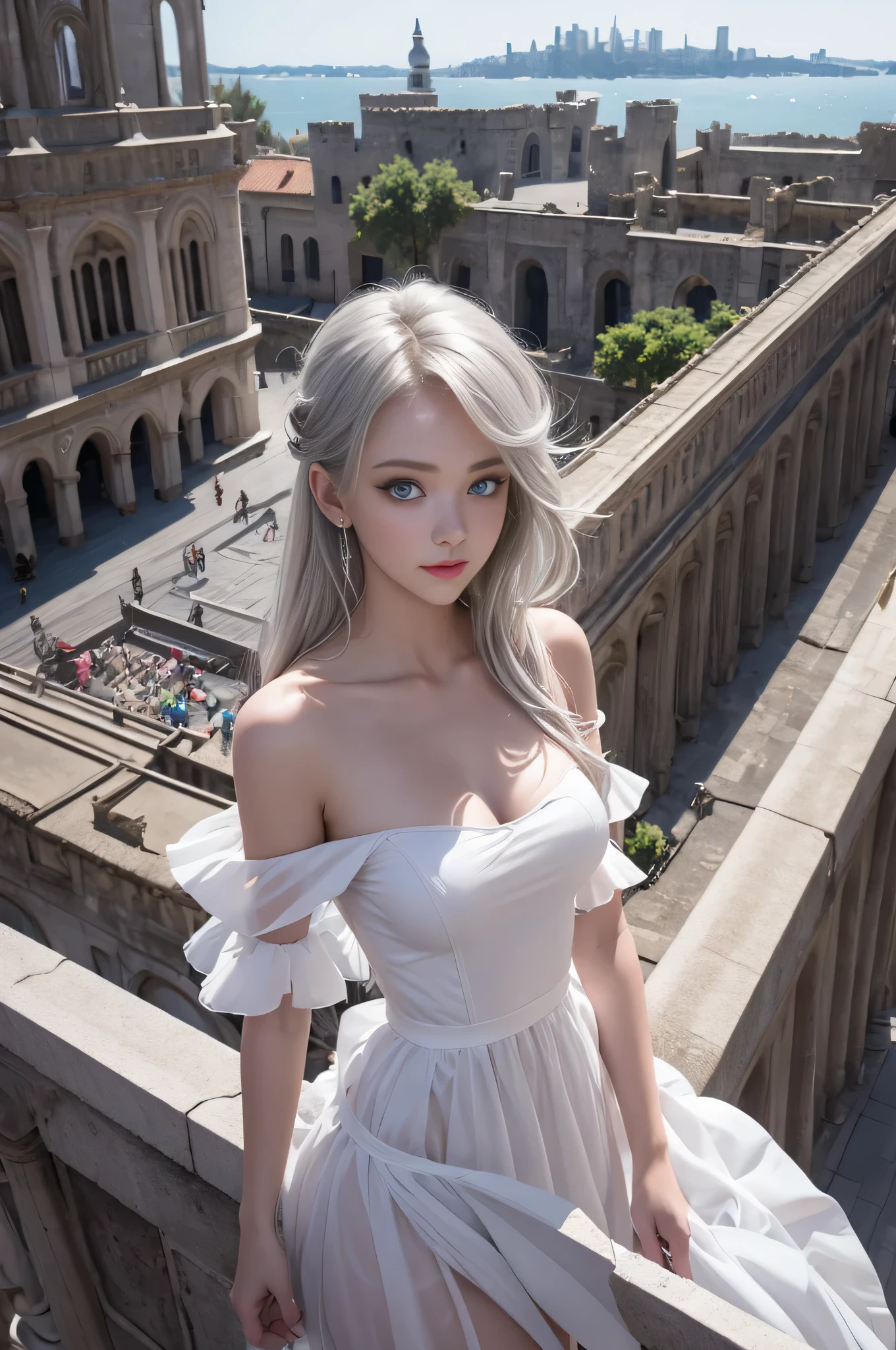Beautiful girl, blue eyes, white hair, detailed facial traits, white greek dress, naked breasts, greek ancient buildings behind, 