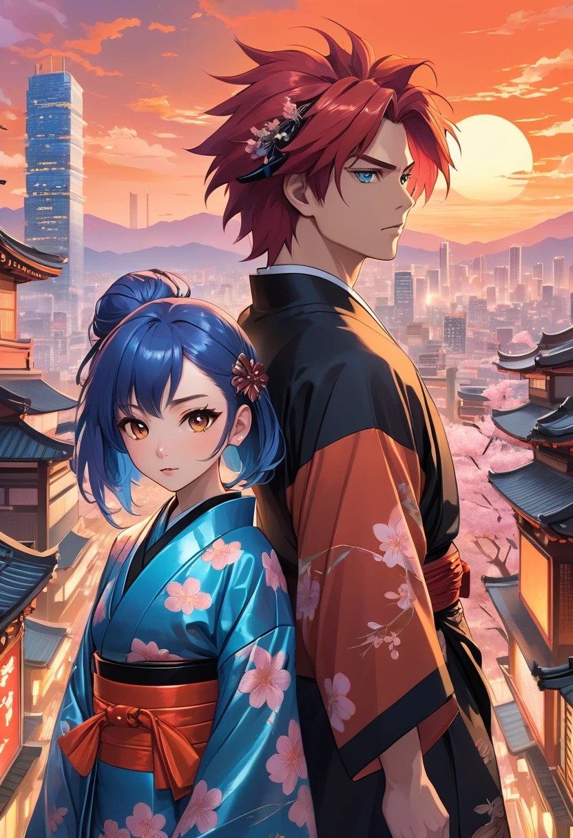 Illustrate a scene from a classic anime. Display two main characters, a Caucasian male with spiky red hair, wearing a futuristic metallic suit and a Black female with long blue hair, dressed in a traditional kimono, standing in the center of a bustling cityscape at sunset. Surround them with a hybrid landscape of old and new, where towering neon skyscrapers coexist with ancient sakura trees in full bloom. Sprinkle some cherry blossoms in the air, creating a vibrant color contrast against the fading orange sky.