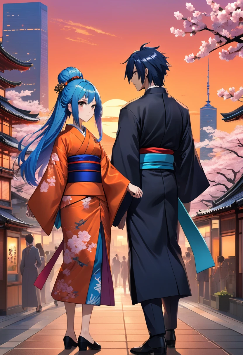 Illustrate a scene from a classic anime. Display two main characters, a Caucasian male with spiky red hair, wearing a futuristic metallic suit and a Black female with long blue hair, dressed in a traditional kimono, standing in the center of a bustling cityscape at sunset. Surround them with a hybrid landscape of old and new, where towering neon skyscrapers coexist with ancient sakura trees in full bloom. Sprinkle some cherry blossoms in the air, creating a vibrant color contrast against the fading orange sky.