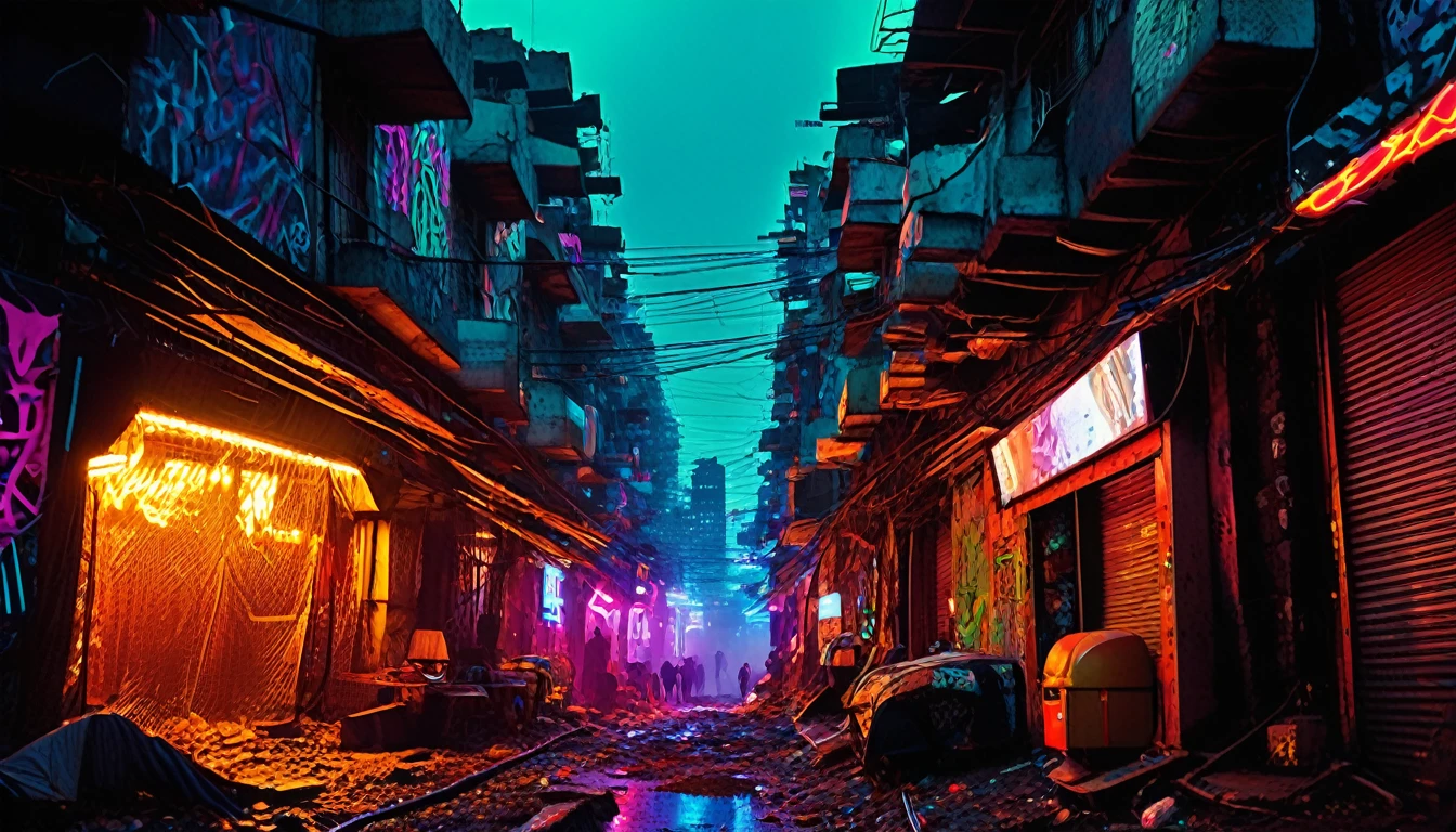 (best qualityer,4K,8k,high resolution,work of art:1.2),ultra detali,realisitic:1.37,cyber punk,densely packed,shanty town,skyscrapers crowded with neon signs,stacked buildings,dark alleyways,Hovering vehicles,flickering lights,high-tech devices,hovering drones,dirty streets,air filled with smoke,InFraestrutura in ruins,walls covered in graffiti,brilliant cybernetic implants,masked individuals,hard rain falling,smoking manholes,Abandoned factories,street markets,Holographic billboards,electronic screens displaying advertisements,mysterious figures in trench coats,Shadowy figures lurking in the shadows,Dystopian atmosphere,intense pollution,artificial intelligence surveillance systems,electric arcs,streets full of cables and wires,cyber enhancements,technology-centric society,damp and dirty tunnels,imponentes arranha-céus elevando-se sobre shanty towns,metal structures,juxtaposition of luxury and poverty,Retrofuturistic aesthetics,nightmare environment, but captivating,Colorful glow of neon lights.