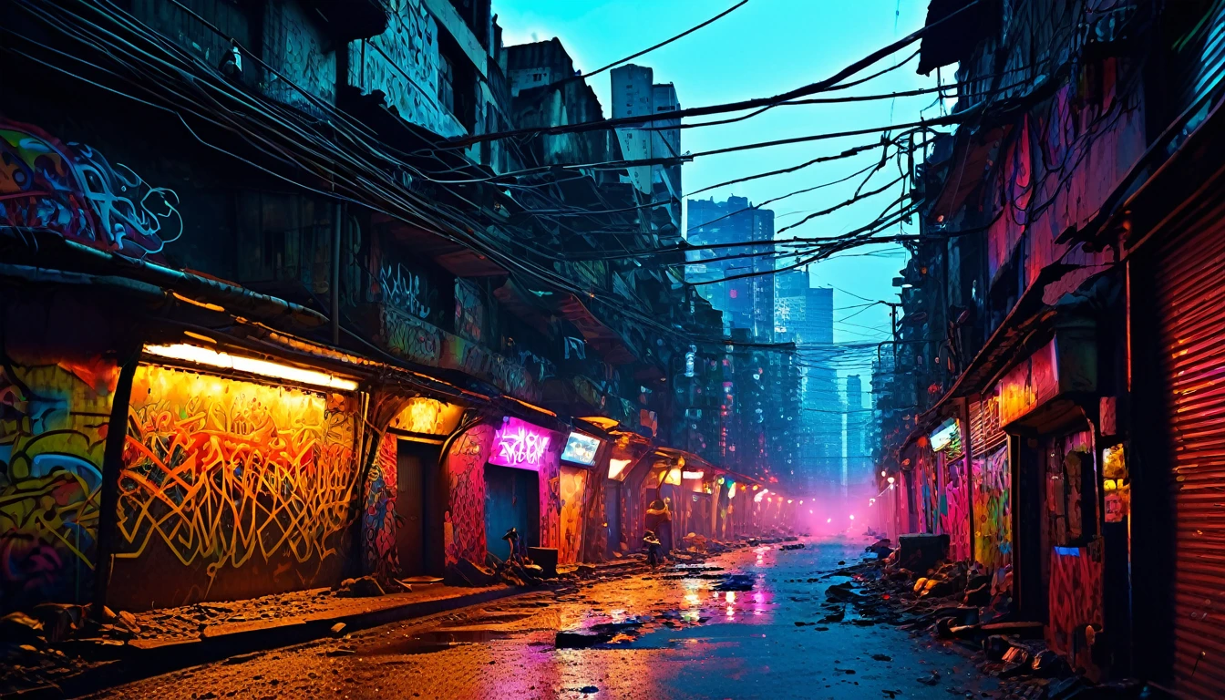 (best qualityer,4K,8k,high resolution,work of art:1.2),ultra detali,realisitic:1.37,cyber punk,densely packed,shanty town,skyscrapers crowded with neon signs,stacked buildings,dark alleyways,Hovering vehicles,flickering lights,high-tech devices,hovering drones,dirty streets,air filled with smoke,InFraestrutura in ruins,walls covered in graffiti,brilliant cybernetic implants,masked individuals,hard rain falling,smoking manholes,Abandoned factories,street markets,Holographic billboards,electronic screens displaying advertisements,mysterious figures in trench coats,Shadowy figures lurking in the shadows,Dystopian atmosphere,intense pollution,artificial intelligence surveillance systems,electric arcs,streets full of cables and wires,cyber enhancements,technology-centric society,damp and dirty tunnels,imponentes arranha-céus elevando-se sobre shanty towns,metal structures,juxtaposition of luxury and poverty,Retrofuturistic aesthetics,nightmare environment, but captivating,Colorful glow of neon lights.