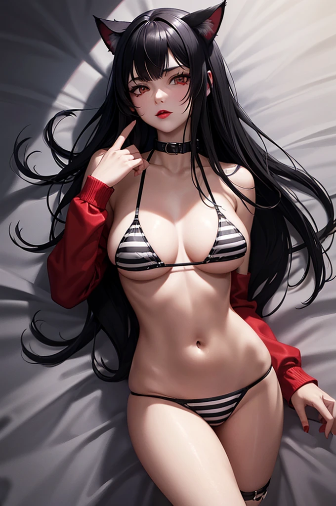Detailed facial details,,1 girl,Red lips,Cat ear,Black long hair,Wearing a torn black and white striped bikini prison uniform,Large Breasts,Lying in bed,Collar,Radiant Skin,prison,prison,Iron floor