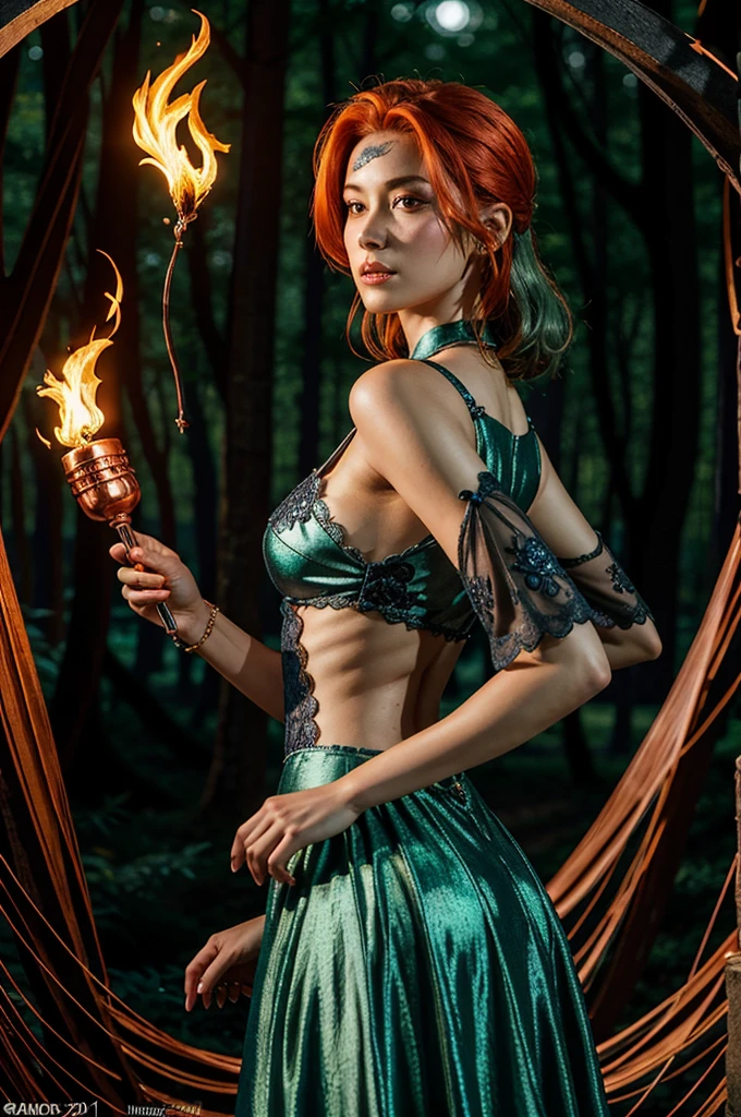 High quality, fantasy character art, character concept, character design art, bold lines, digital art style, artstation, A captivatingly sinister woman in her mid-20s, with luscious shoulder-length copper hair that shimmers in the dim light, she stands In the heart of a dense, shadowy forest surrounded by two massive. Holding up a torch that blazes brightly, she illuminates the eerie scene around her, ((The dogs and flaming torch must be seen)), every detail exudes elegance amidst darkness: the fabric shimmers with hints of midnight blues and deep purples, intricate lace patterns adorning the bodice and sleeves. Three moons hover in the sky behind the woman, their silvery glow casting an magical light upon her The image, likely a digital painting, captures the essence of dark magic and danger with chilling precision. Every small detail is meticulously crafted, ((indigo, orange, black, green and grey are the only colours used except for her copper hair)), highly detailed , gothic aesthetic, the image has a gothic colour scheme, muted colours, (face must be seen), ((midshot figure framing)), completly nude.