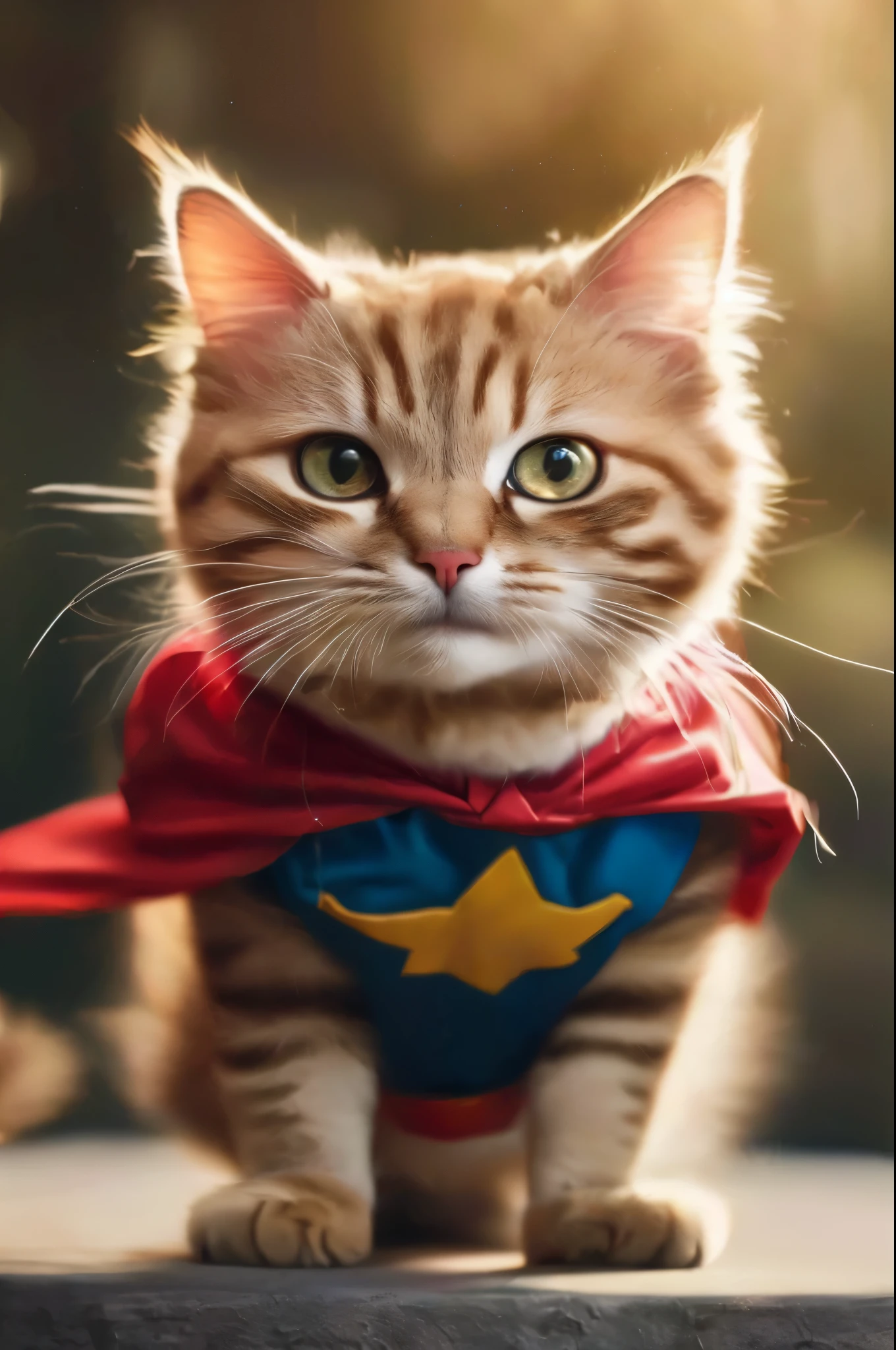 Create a realistic HD image of an adorable and funny cat dressed as a superhero. The cat should be in a dynamic flying pose, showcasing its cute and playful nature. Ensure the image captures the cat's charm with expressive eyes and detailed textures, maintaining high-quality realism.