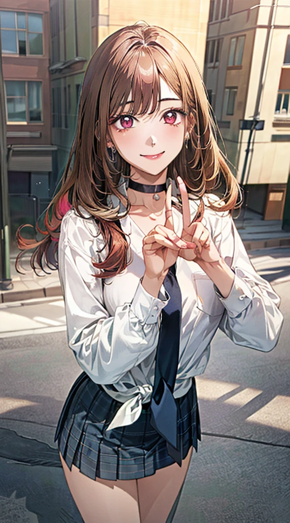 (masterpiece:1.2, top-quality, ultra high res, ultra detailed), (realistic, photorealistic:1.4)(2d anime cg:1.3), beautiful illustration, (natural side lighting, movie lighting), looking at viewer, full body, japanese, high school girl, perfect face, (perfect anatomy), cute and symmetrical face, baby face, shiny skin, slender,, swept bangs,, big eyes, long eye lasher, (medium breasts), beautiful hair, beautiful face, beautiful detailed eyes, beautiful clavicle, beautiful body, beautiful chest, beautiful thigh, beautiful legs, beautiful fingers, ((detailed cloth texture, long sleeves :1.4, kitagawa marin, 1girl, blonde hair, long hair, multicolored hair, red eyes, jewelry, earrings, piercing, , white shirt, tied shirt, black choker, blue necktie, plaid skirt,（nsfw:1.3） (standing:1.2)from front, (smile:1.3)(Peace with two hands:1.3)indoor background