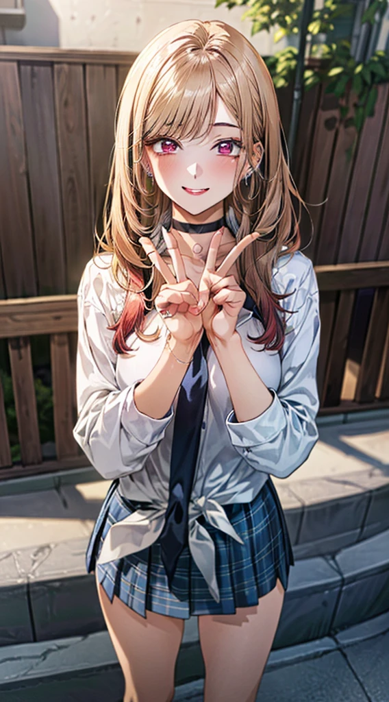 (masterpiece:1.2, top-quality, ultra high res, ultra detailed), (realistic, photorealistic:1.4)(2d anime cg:1.3), beautiful illustration, (natural side lighting, movie lighting), looking at viewer, full body, japanese, high school girl, perfect face, (perfect anatomy), cute and symmetrical face, , shiny skin, slender,, swept bangs,, big eyes, long eye lasher, (medium breasts), beautiful hair, beautiful face, beautiful detailed eyes, beautiful clavicle, beautiful body, beautiful chest, beautiful thigh, beautiful legs, beautiful fingers, ((detailed cloth texture, long sleeves :1.4, kitagawa marin, 1girl, blonde hair, long hair, multicolored hair, red eyes, jewelry, earrings, piercing, , white shirt, tied shirt, black choker, blue necktie, plaid skirt,(nsfw:1.3) (standing:1.2)from front, (smile:1.3)(Peace with two hands:1.3)indoor background