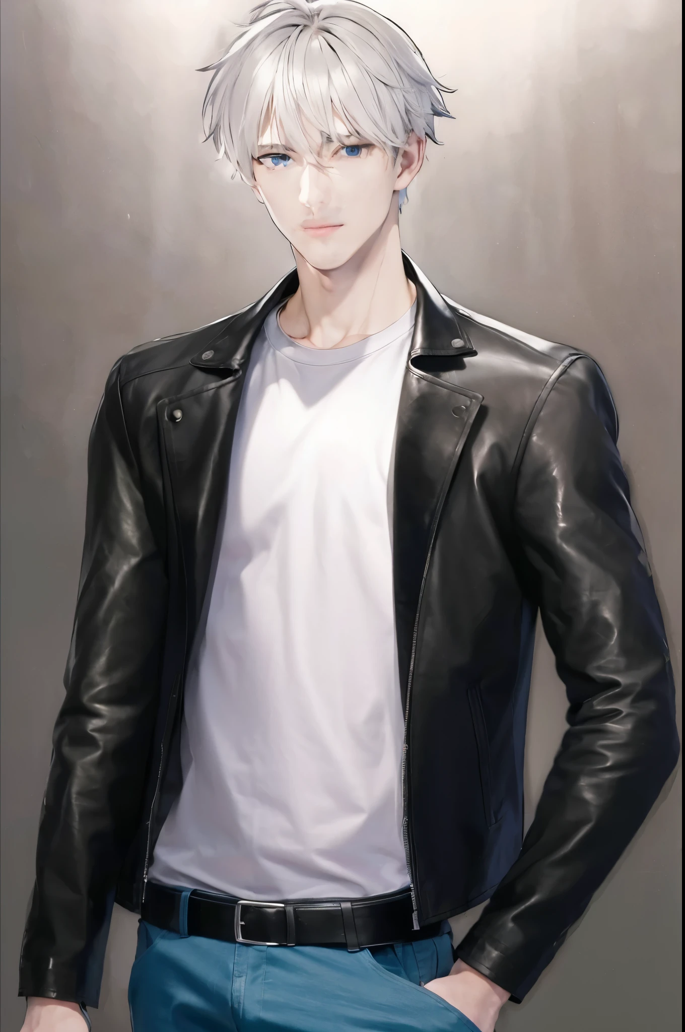 4k, high resolution, best quality, masterpiece, perfect color, perfect shade, perfect lighting, Posted by e621, ((portrait)), ((handsome man)), perfect male figure, Short hair details,Detailed face, perfect face, (stood up), Detailed background, ((Bonifasco Lighting)),white hair, wearing black leather jacket,