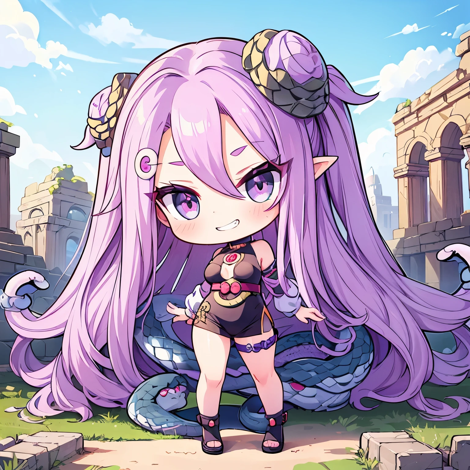 (One girl), cute, ((Chibi Character)), (Medusa:1.4), (Snake hair:1.4), ancient ruins, Outdoor, Full Body Shot, ((Highest quality)), ((masterpiece)), (More detailed), Perfect Face, Perfect Arms, Perfect hands, Perfect Fingers, anime, Ultra-fine illustration,