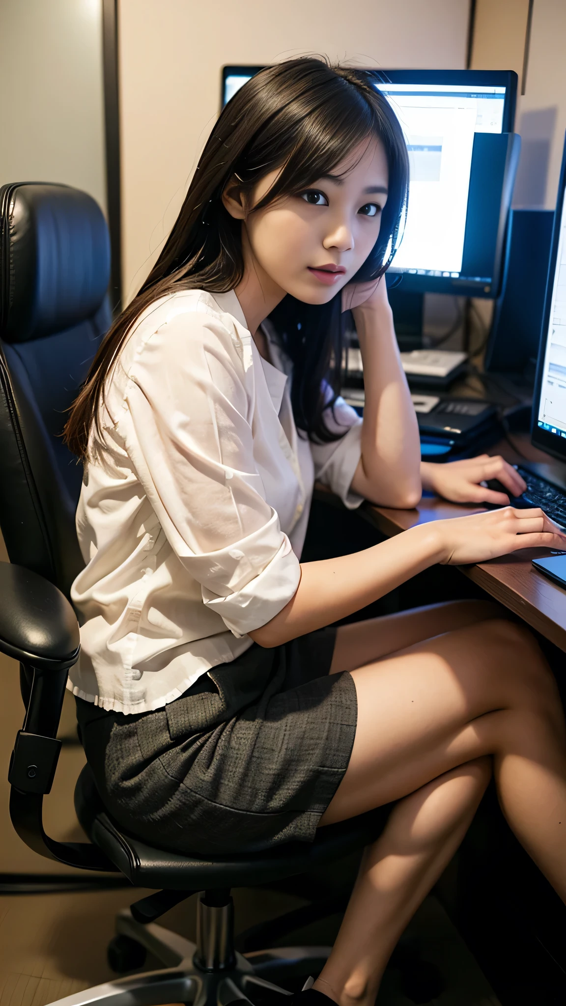 One girl sitting on an office chair，computers,(Japanese women:1.3),31 years old,Delicate,business women&#39;s clothing,(Jacket:1.1),(shirt:1.1),(Wrap skirt:1.1),jewelry,socks,stockings,Black Lens Stockings，It gives me goosebumps,Goose - meat，（Faithfulness：1.3），Filigree，quality，（masterpiece：1.2），（Faithfulness：1.2），（highest quality），（Skin details：1.3），（Intricate details），dramatic，Ray Tracing，photograph，In the Shadows，Visual novel，Skyscraper boss&#39;s office，Windows with city views，Film Grain，Depth of written boundary