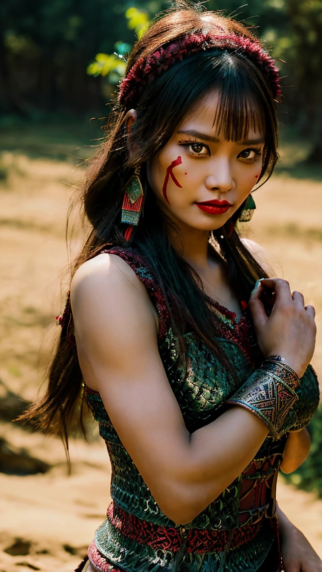 ((Realistic, cinematic, epic, Masterpiece: 1.3)), (raw photo:1.2), Hyperrealist portrait gorgeous Beautiful Chinese tribal female warriors, 30 years old, beautiful serious face, wrinkled face, beautiful detailed charming eyes, (pretty breasts: 1.1), ((sexy dark green native warrior chainmail corset armor: 1.2), (native hmong traditional brocade fabric armor), (sexy dark green brocade warrior dress)), tribal loin cloth, tribal jewelry, tribal warrior headband, tribal village background, legendary warrior style, hand holding a dagger, full body, professional photography, font view, very detailed faces, (merlot red lips, tribal makeup: 1.2), Best quality, 8K, ancient style