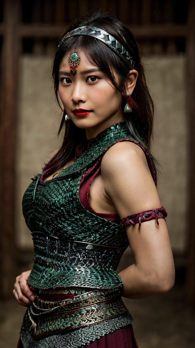 ((Realistic, cinematic, epic, Masterpiece: 1.3)), (raw photo:1.2), Hyperrealist portrait gorgeous Beautiful Chinese tribal female warriors, 30 years old, beautiful serious face, wrinkled face, beautiful detailed charming eyes, (pretty breasts: 1.1), ((sexy dark green native warrior chainmail corset armor: 1.2), (native hmong traditional brocade fabric armor), (sexy dark green brocade warrior dress)), tribal loin cloth, tribal jewelry, tribal warrior headband, tribal village background, legendary warrior style, hand holding a dagger, full body, professional photography, font view, very detailed faces, (merlot red lips, tribal makeup: 1.2), Best quality, 8K, ancient style