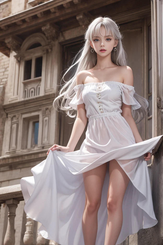 (Girl standing on balcony of old castle)、Iris heterochromatic pupil,silver-haired girl,free high resolution,Off-the-shoulder semi-transparent pure white dress