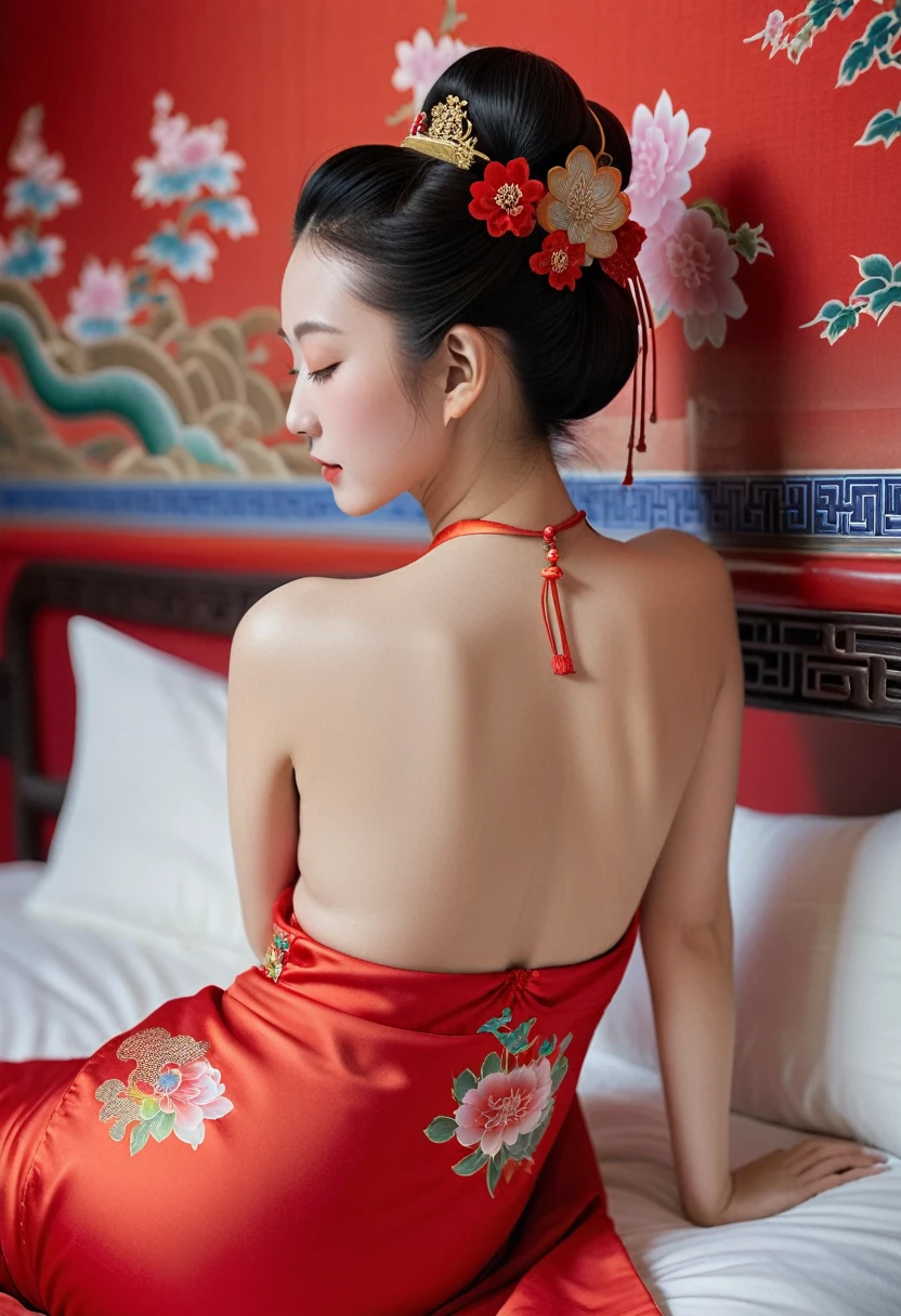 The empress of the Qing Dynasty is wearing a red floral patterned dress, completely naked, with her profile showing and her buttocks sticking out, posing in the luxurious palace of the empress of the Qing Dynasty.