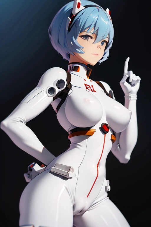 rei ayanami in her tight eva pilot suit pointing her huge, big ass at the viewer while making the peace sign with one of her hands.