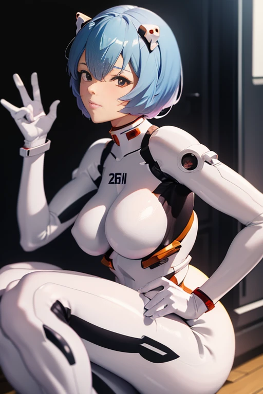 rei ayanami in her tight eva pilot suit pointing her huge, big ass at the viewer while making the peace sign with one of her hands.