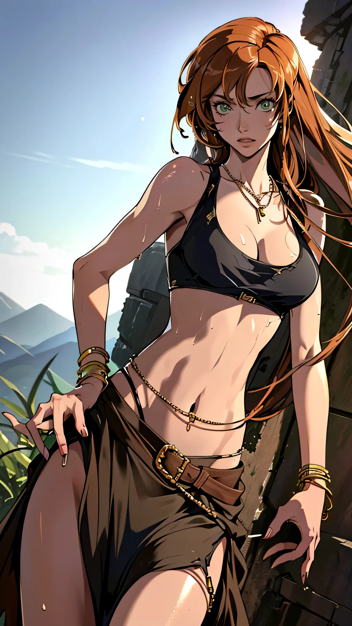 (lifelike, high - resolution:1.3), 1 girl with a perfect body,slender body, Super fine face and eyes,assasin, dark makeup, shiny skin, light brown hair, (toned stomach),Expose cleavage, (bracelets, tooth jewelry, a lot of necklaces, very long necklaces, necklaces down to stomach, body chains, waist chains), (post apocalyptic future, jungle wasteland. torn clothes, torn to shreds dress), (wet skin, shiny skin), large breasts