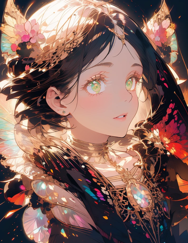 a beautiful (1girl) with colorful butterfly wings, white hair, detailed sharp face, green eyes,intricate butterfly wings,detailed wing patterns,detailed clothing,colorful butterfly wings,cinematic lighting,golden light particle, best detailed,masterpiece,ultra detailed, best shadow, delicate,action pose, (dynamic angle,detailed background, dark fantasy), (beautiful detailed face), high contrast, (best illumination, an extremely delicate and beautiful), ((cinematic light)), colorful, hyper detail, dramatic light, intricate details, multiple butterfly circle, magic crystals, Fantastic fairy, Unique type, queen, empress,