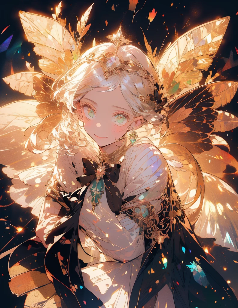 a beautiful (1girl) with colorful butterfly wings, white hair, detailed sharp face, green eyes,intricate butterfly wings,detailed wing patterns,detailed clothing,colorful butterfly wings,cinematic lighting,golden light particle, best detailed,masterpiece,ultra detailed, best shadow, delicate,action pose, (dynamic angle,detailed background, dark fantasy), (beautiful detailed face), high contrast, (best illumination, an extremely delicate and beautiful), ((cinematic light)), colorful, hyper detail, dramatic light, intricate details, multiple butterfly circle, magic crystals, Fantastic fairy, Unique type, queen, empress,