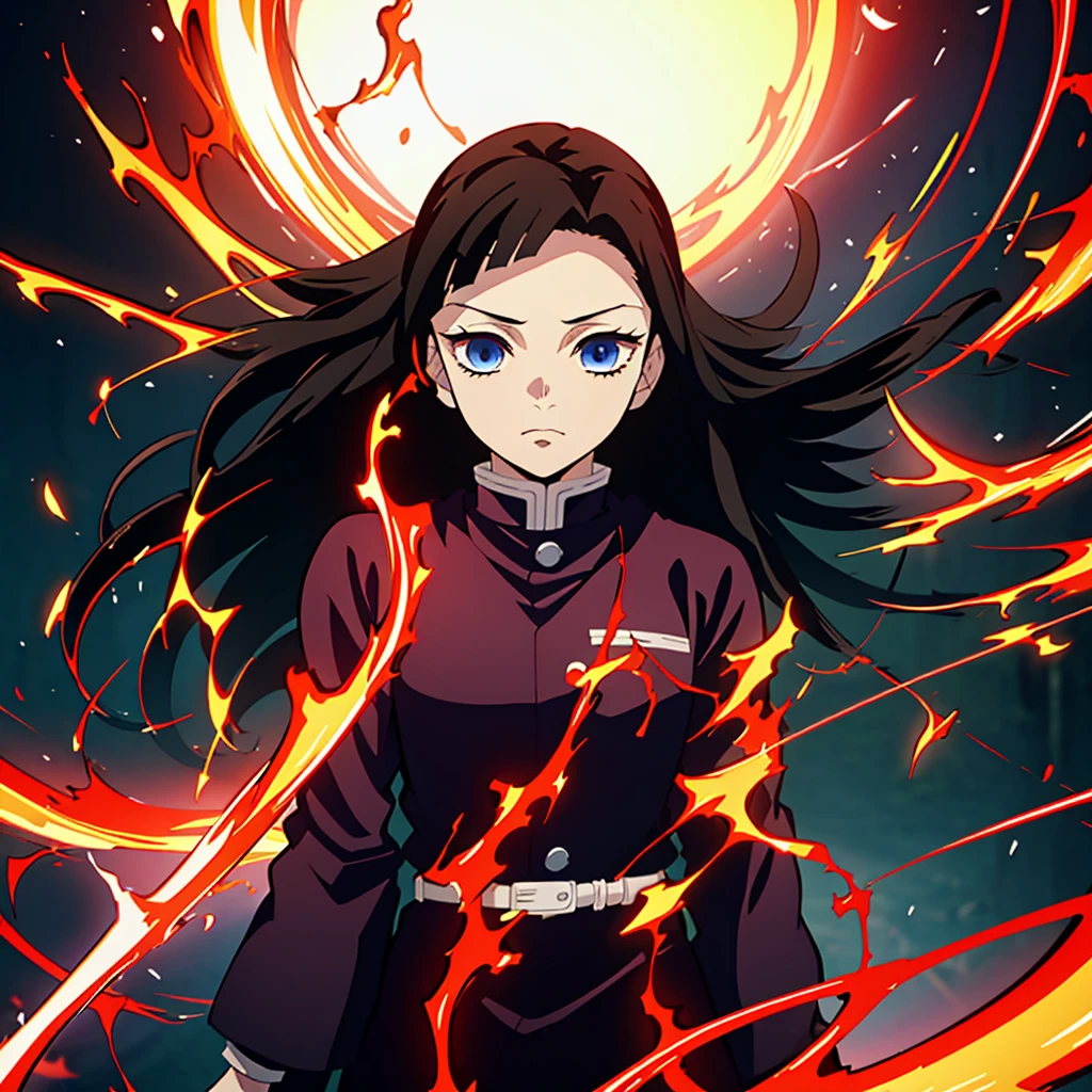 Kimetsu no Yaiba style, 1 woman, a hashira, pretty, black and red hair, wearing demon slayer uniform, blue eyes, wearing blue and red haori on uniform, simple background, black bangs, adult, Loose hair, long hair, meteorites decorations, flames, holding an orange katana