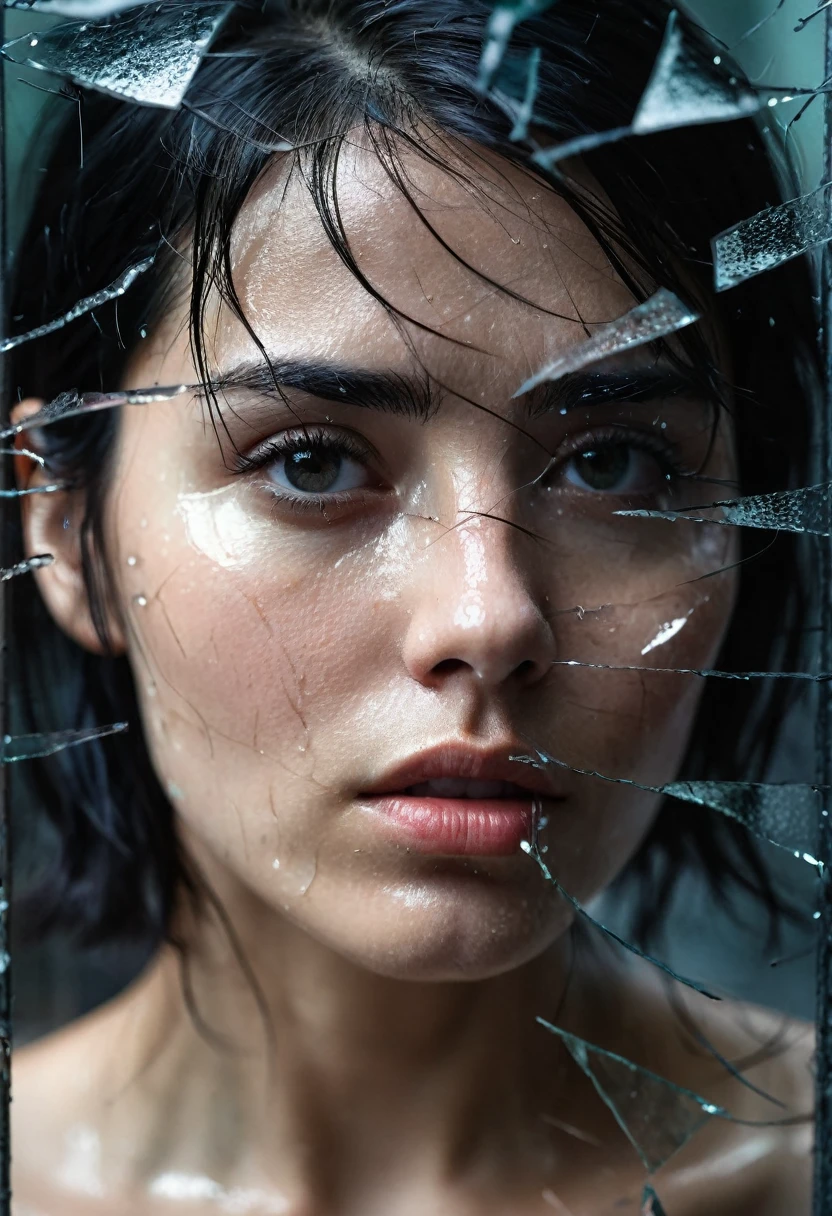 A photo that captures a dramatic and haunting scene of a woman's bare face, a hint of sweat visible on her skin, with short, unkempt black hair visible through shattered glass, the glass grating into irregular shapes, with the light reflecting off the jagged edges, the woman's expression it's charming and intense, with her eyes staring into the distance, the background dark and slightly blurred, emphasizing the shattered glass and the woman's features. Fog and water drops visible in the glass, mysterious atmosphere, chiarosuro, octane rendering