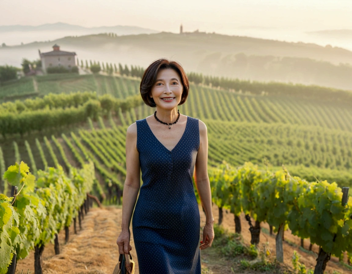 Italy foggy countryside dawn, Endless vineyards, A cathedral can be seen far away in the fog.. Korean woman in her 40s, Wear a comfortable sleeveless dress, Korean woman with beautiful short medium bob hair, Standing on a path on top of a vineyard hill, Beautiful Korean woman with bright and clear skin, The neckline is clean and beautiful.. Elegant and modest, Korean woman smiling,Looks like Ruri Rarak is alive., standing in the vineyard , small black string necklace, 1 woman