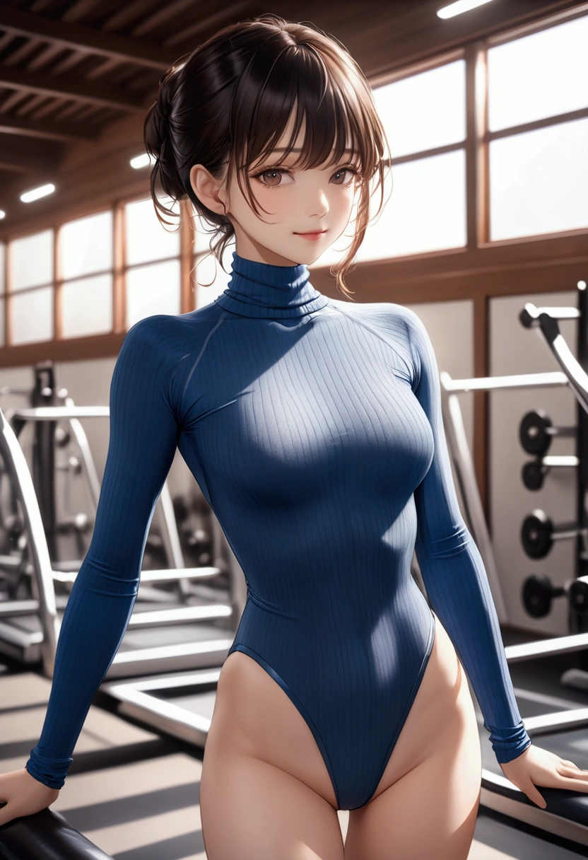 highquality illustration, masterpiece, very delicate and beautiful, attractive girl,(colorful leotard, heattech leotard,tight leotard,long_sleeve leotard,ribbed leotard,high_leg leotard,turtleneck leotard), thin,slender body,slim,gymnastics club,gymnastics athlete,bare legs,gymnasium background,beautiful eyes, light smile,(masterpiece, best quality:1.2), highres, extremely detailed CG unity 8k wallpaper, perfect lighting, Colourful, ultra-high res,4K,ultra-detailed, photography, 8K, HDR, ,