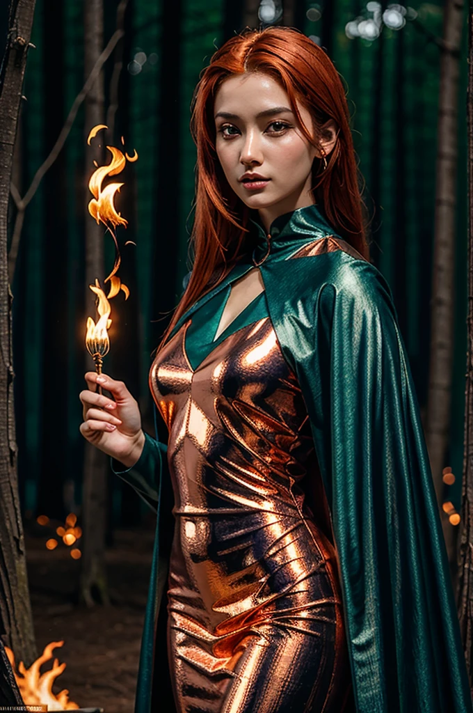 High quality, fantasy character art, character concept, character design art, bold lines, digital art style, artstation, A captivatingly sinister woman in her mid-20s, with luscious shoulder-length copper hair that shimmers in the dim light, she stands In the heart of a dense, shadowy forest surrounded by two massive. Holding up a torch that blazes brightly, she illuminates the eerie scene around her, ((The dogs and flaming torch must be seen)), every detail exudes elegance amidst darkness: the fabric shimmers with hints of midnight blues and deep purples. Three moons hover in the sky behind the woman, their silvery glow casting an magical light upon her The image, likely a digital painting, captures the essence of dark magic and danger with chilling precision. Every small detail is meticulously crafted, ((indigo, orange, black, green and grey are the only colours used except for her copper hair)), highly detailed , gothic aesthetic, the image has a gothic colour scheme, muted colours, (face must be seen), ((midshot figure framing)), completly nude.