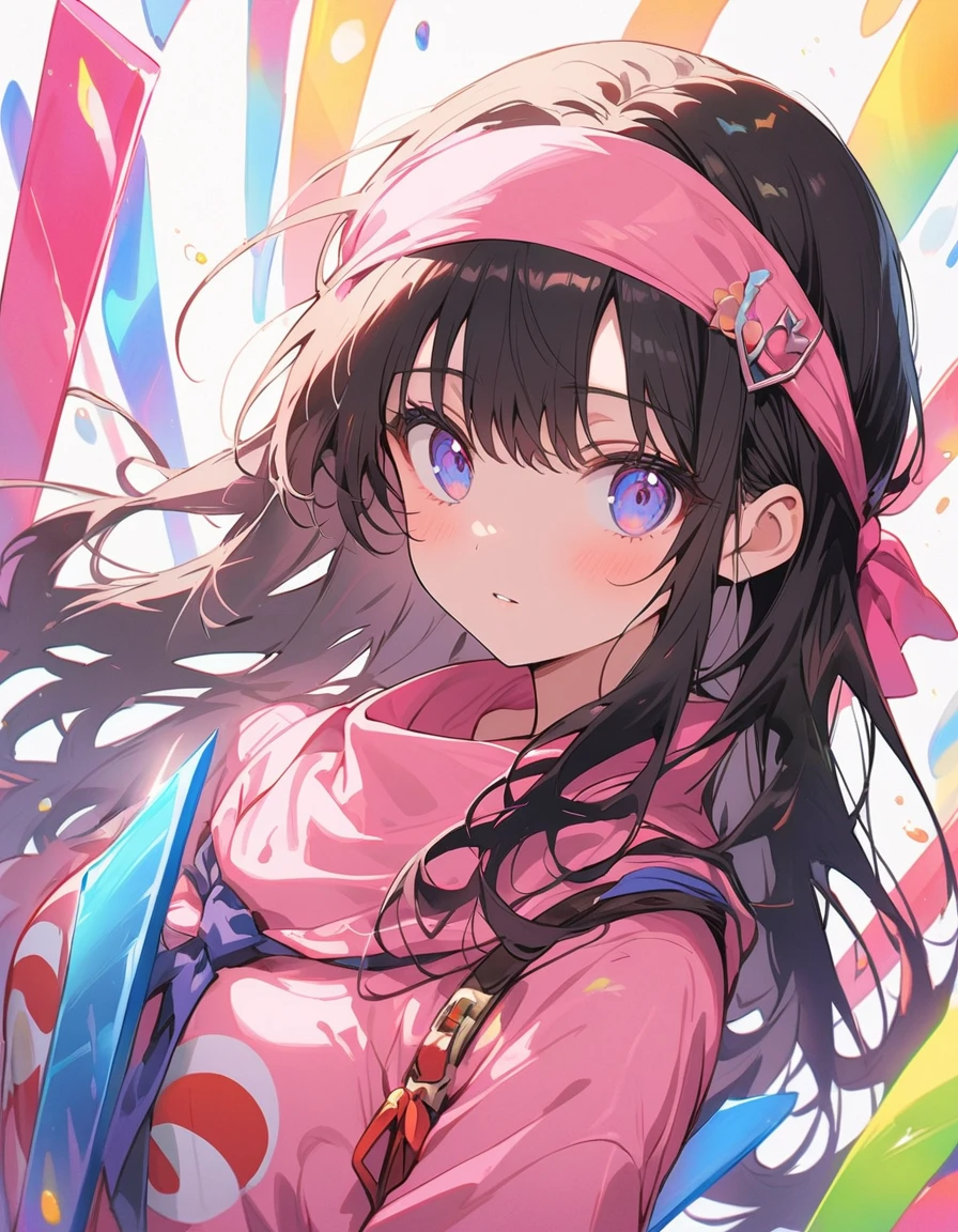 girlの忍者,Pink Ninja Suit、Black Hair、Pink clothes、Her hair is hanging from a pink bandana、 He carries a graceful sword on his back.、Blue glowing sword、Flashing Sword、A pink bandana is peeking out、girl、cute、Ninja Parade、(Highest quality、masterpiece、High resolution、detailed)、animeスタイル、Flat Style、(Beautiful Eyes, Delicate and beautiful face,),girl1人、extremely detailed(The Shining), Best lighting, Best Shadow、floating, (High saturation), (Colorful Splash), Colorful bubbles, (Shine), Focus on the face, Dynamic Angle、anime、Pop Background、Looking at this。