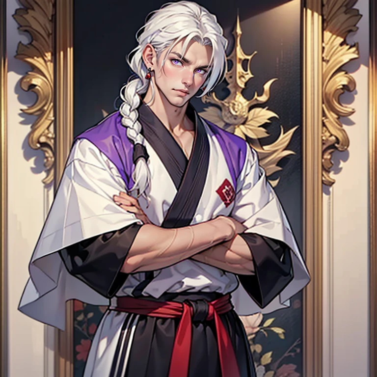 ((masterpiece)), (((best quality))), 1 male, pale white skin, white hair, hair styled in a single thick braid, handsome man, detailed background of a mansion, purple eyes, earrings, standing straight pose, martial arts clothes, detailed face, highest quality, highly detailed, original, high resolution CG Unit 8k wallpaper, (best quality, artwork, masterpiece, 4k)